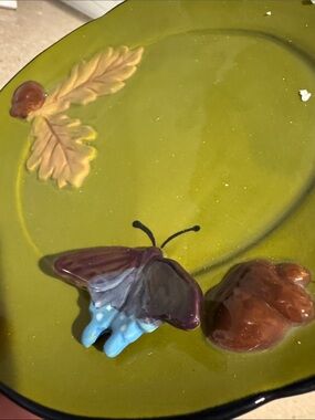 Anthropologie Fallifaye Olive Green Ceramic Plate with Butterfly and Leaf Motifs